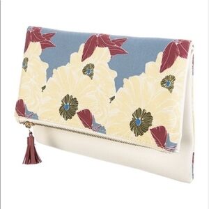 Rachel Pally Leather Trimmed Fold-over Clutch Cream Floral Pattern NWOT